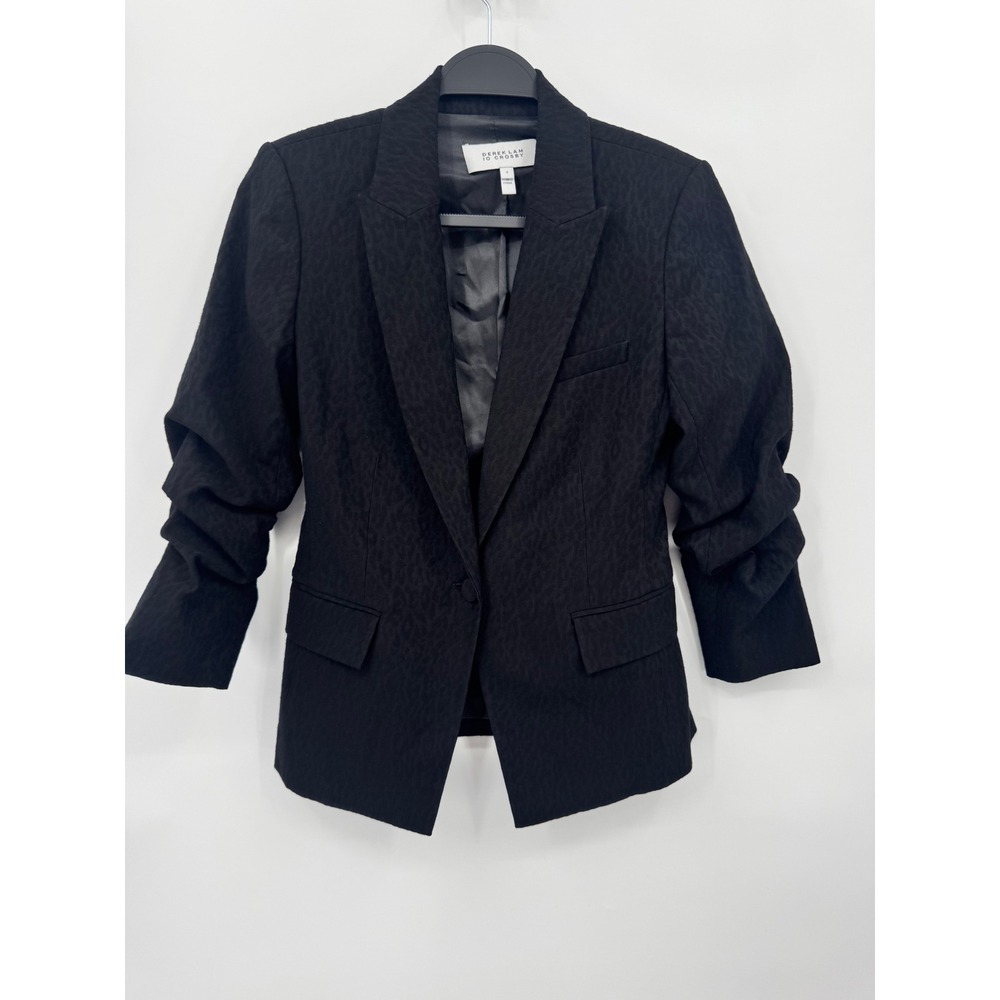 Derek Lam 10 Crosby Blazer Women 4 Black Ruched Sleeve Leopard Jacquard